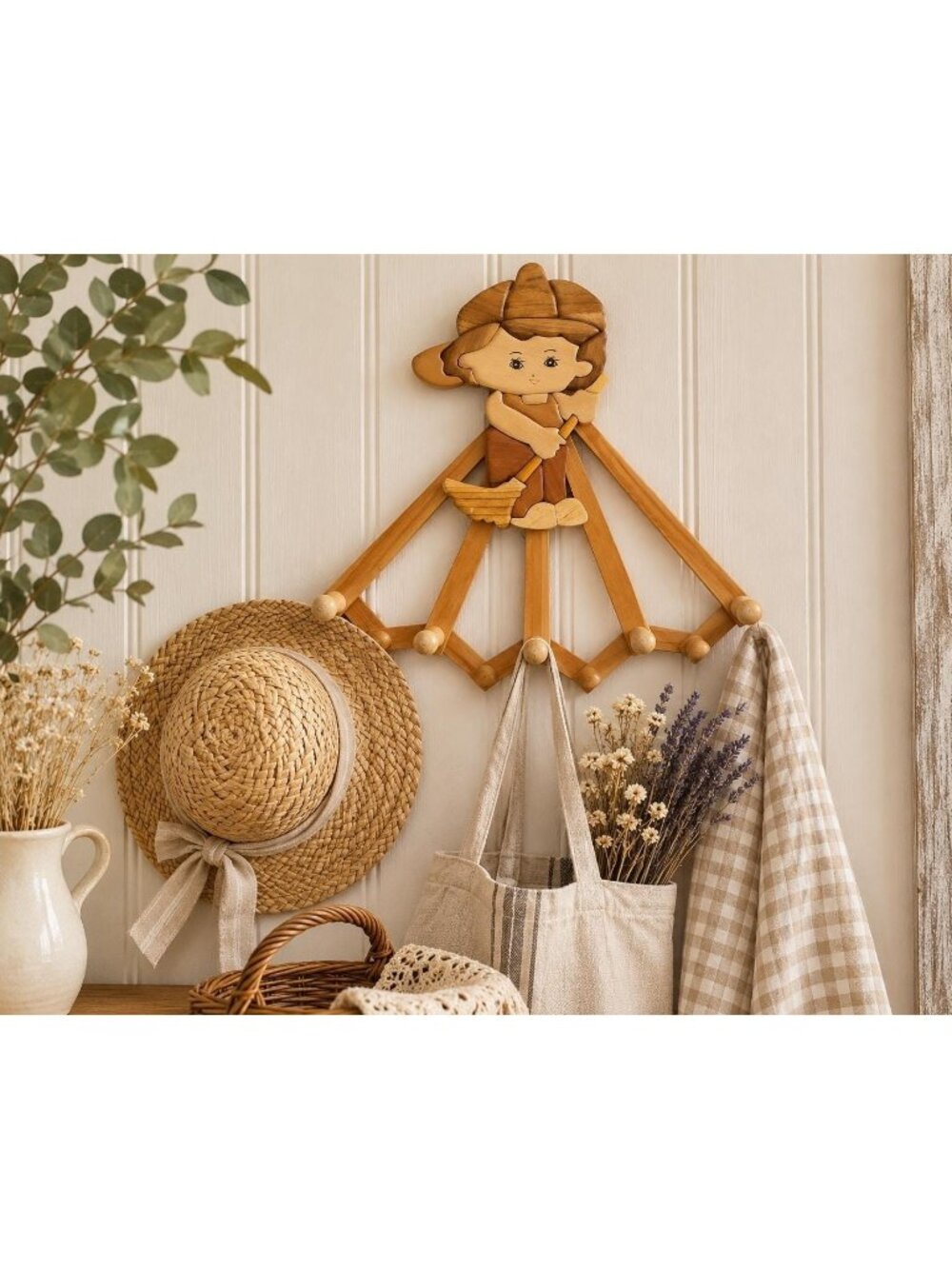 Vintage Wood Expanding Peg Rack Wall Hook Coat Hat Key Organizer Country Decor